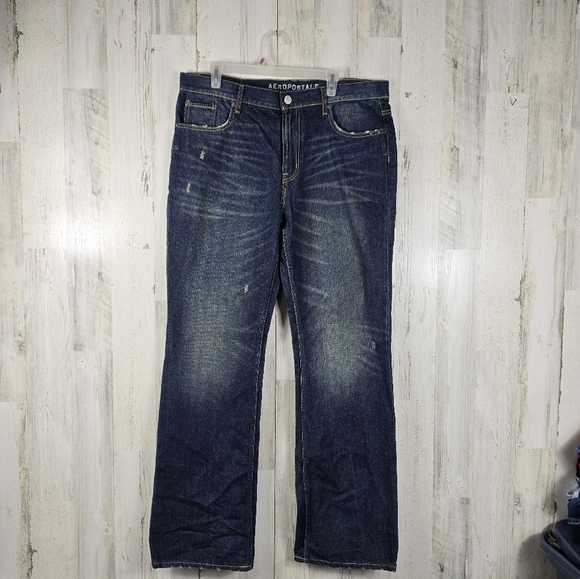 Aeropostale slim boot blue and yellow distressed mens jeans size 36X34 - Picture 12 of 12